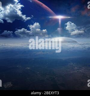 Fantastischer Hintergrund - Alien Base auf dem Planeten Erde gelegen, sieht ufo-Fliegen von außerirdischen Basis wie glänzende Kuppel aus. Elemente dieses Bildes furnishe Stockfoto