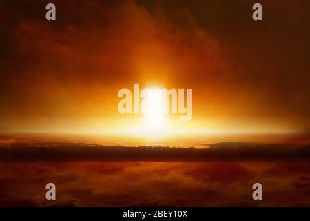 Abstrakt apokalyptischen Hintergrund - Eingang zur Hölle, leuchtend rot glühenden Horizont, Ende der Welt, Urteil Tag kommt Stockfoto