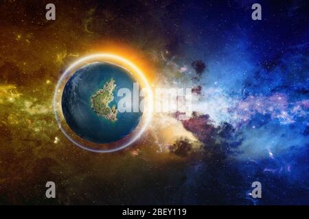 Abstrakter wissenschaftlicher Hintergrund - entdeckte erdähnlichen Planeten mit flüssigem Wasser und glühendem Schild. Elemente dieses Bildes, die von der NASA bereitgestellt wurden Stockfoto