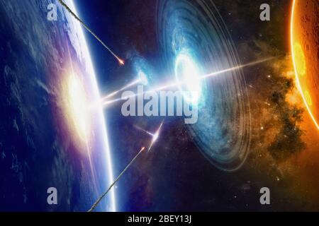 Fantastischer Hintergrund - außerirdische Aliens Raumschiffe trifft Planet Erde, Aliens Invasion, Raketenabwehr von ufo, Raumkrieg. Elemente dieses im Stockfoto