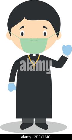 Niedliche Cartoon Vektor-Illustration eines Priesters mit chirurgischer Maske und Latexhandschuhe als Schutz vor einem gesundheitlichen Notfall Stock Vektor