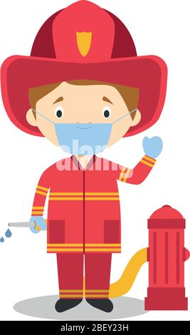 Niedliche Cartoon Vektor-Illustration eines Feuerwehrmädchens mit chirurgischer Maske und Latexhandschuhe als Schutz vor einem gesundheitlichen Notfall Stock Vektor