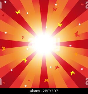 Abstrakter Hintergrund von Sonnenstrahlen von roter und gelber Farbe mit farbigen Schmetterlingen und weißen Sternen. Vorlage für Text Stock Vektor