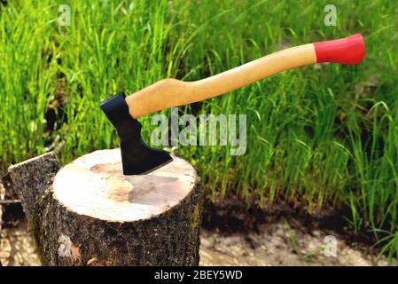 Eine schöne Axt ragt in einem Baum hervor, mit einem gelben Griff aus der Nähe, auf einem natürlichen Hintergrund Stockfoto