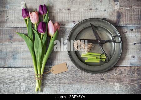 Vorbereitung eines Strauß Tulpen. Ried Tulpen in rosa und lila mit Schere, Schnur und Besatz auf Zinnplatte. Stockfoto