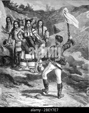 Goldminer in Kalifornien hebt Friedensfahne auf Gewehr in Begegnung mit First Nation Menschen oder Indianer. Vintage oder Alte Illustration oder Gravur 1888 Stockfoto