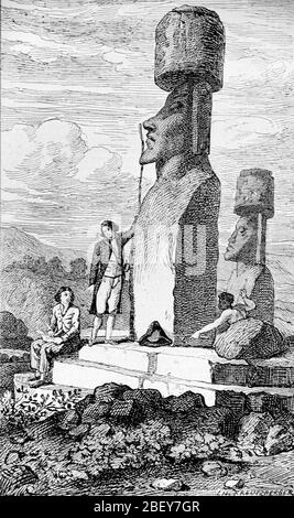 Expedition von Jean-François de Galaup, Comte La Perouse zur Osterinsel (9. April 1786) mit riesigen Osterinsel-Statuen oder monumentalen Statuen, bekannt als Moai, Chile. Vintage oder Alte Illustration oder Gravur 1888 Stockfoto