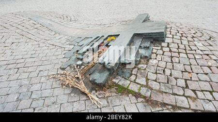 PRAG, TSCHECHISCHE REPUBLIK - 06. OKTOBER 2017: Denkwürdiges Kreuz - Jan Palach Memorial- auf dem Wenzelsplatz in Prag. Stockfoto