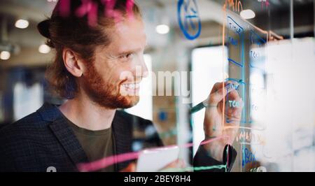 Junger Mann, der mit Daten und Diagrammen arbeitet und Ideen an der Glaswand des Büros schreibt Stockfoto