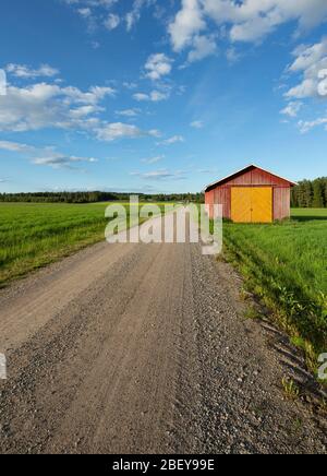 Straßenrand Werkzeugschuppen an einer leeren Straße, die durch Ackerland in der finnischen Landschaft führt , Finnland Stockfoto