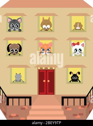Haustiere Hotel. Schutz für Haustiere. Große Augen niedliche Gesichter. Hochhausgebäude. Katzen und Hunde. Welpen und Kätzchen. Kaninchen, Ratte und Hamster. Meerschweinchen und mou Stock Vektor