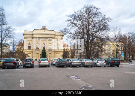 Warschau, Polen - 3. Januar 2019: Collegium Novum, das Gebäude der Alten Bibliothek Stockfoto