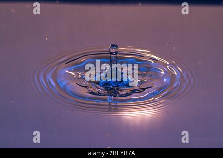 Spritzer Wasser Krone auf blauem Untergrund Stockfoto