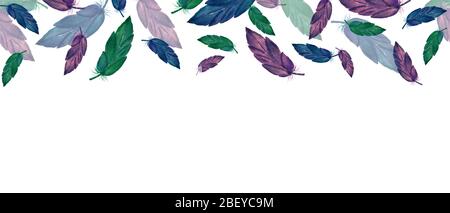Banner-Design mit bunten Federn fallen in lila, blau und grün, nahtlose Aquarell-Feder Rand Stockfoto