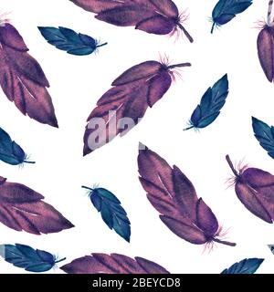 Rosa und lila Aquarell Federn nahtlosen Hintergrund, Feder Muster Design zum Einwickeln Projekte, Hintergründe oder Stoff drucken Stockfoto