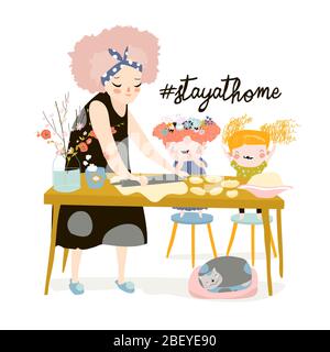 Mutter und Kinder backen gemeinsam in einer Küche Stock Vektor