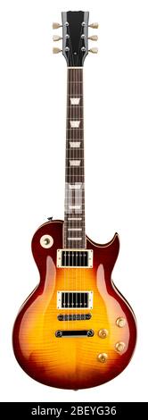 Klassische Vintage-Form Hard Rock E-Saite Gitarre mit apfel rot gelb dunkelbraun sunburst Finish isoliert auf weißem Hintergrund. Musik Jazz blau Stockfoto