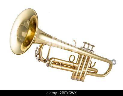 Golden glänzend neue metallische Messing Trompete Musikinstrument isoliert auf weißem Hintergrund. Musikausrüstung Unterhaltung Orchester Band Konzept. Stockfoto