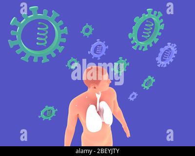 3D-Darstellung des Virus, der bedrohlich über einem Mann schwebt, der die Anatomie der Lunge zeigt. Im Raum auf blauem Hintergrund aufgehängt. Stockfoto