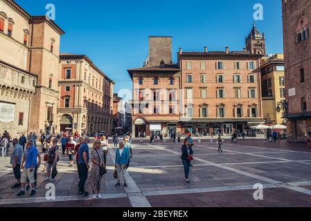 Piazza Maggiore in Bologna, Hauptstadt und größte Stadt der Emilia Romagna in Norditalien Stockfoto