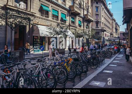 Via degli Orefici Straße in Bologna, Hauptstadt und größte Stadt der Emilia Romagna Region in Norditalien Stockfoto