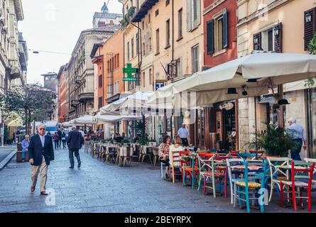 Via degli Orefici Straße in Bologna, Hauptstadt und größte Stadt der Emilia Romagna Region in Norditalien Stockfoto