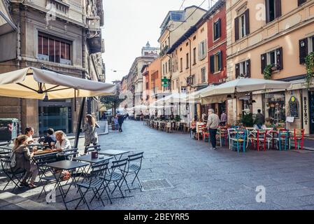 Via degli Orefici Straße in Bologna, Hauptstadt und größte Stadt der Emilia Romagna Region in Norditalien Stockfoto