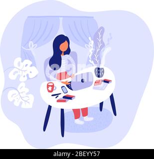 Vektorgrafik von Frau freiberufliche Arbeit mit ihrem Laptop während Quarantäne zu Hause bleiben. Illustration in flacher Arbeitsform vom Home Office aus. Verhindern Stock Vektor