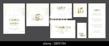 Moderne helle Hochzeit Suite Sammlung Kartenvorlagen mit goldenen Etiketten und Dekorationen - Einladung, speichern Sie die Datumskarte, rsvp, danke Karte, Tabelle Stock Vektor