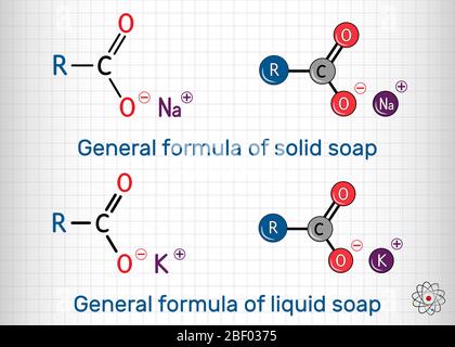 Allgemeine Formel von festen und flüssigen Seifenmolekül. RCOONa, RCOOK. Molekülmodell. Blatt Papier in einem Käfig.Vektorgrafik Stock Vektor