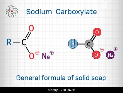 Allgemeine Formel von festen Seifenmolekül. Natriumcarboxylat, RCOONa. Es ist das Natriumsalz der Fettsäure. Molekülmodell. Blatt Papier in einem Käfig.Sekt Stock Vektor