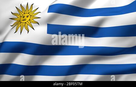 Flagge von Uruguay weht im Wind. Ganzseitige uruguayische Flagge. 3D-Darstellung. Stockfoto