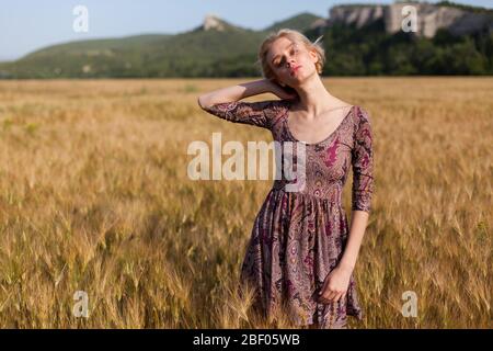 Porträt einer schönen modischen blonden Frau in einem Kleid und einem Weizenfeld Stockfoto