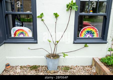 Chippenham, Wiltshire, Großbritannien, 16. April 2020. Da die Nation heute Abend wieder klatschen muss, um ihre Unterstützung für das NHS zu zeigen, wird ein kindes Regenbogenkunstwerk (ein Symbol der Unterstützung für Menschen, die Solidarität mit NHS-Arbeitern zeigen wollen) in einem Vorderfenster eines Hauses in Chippenham, Wiltshire, abgebildet. Kredit: Lynchpics/Alamy Live News Stockfoto