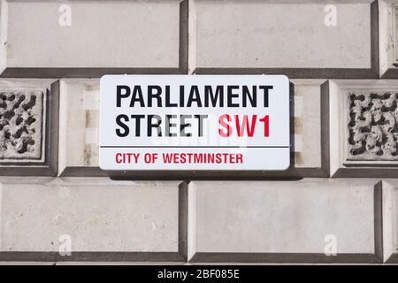 Parliament Street Schild, Westminster, London, Großbritannien. 21 März 2017 Stockfoto