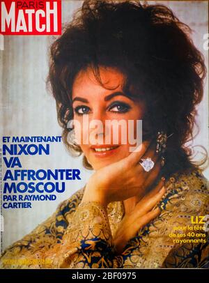 Titelseite des französischen Nachrichtenmagazins Paris-Match, Nr. 1192, Liz Taylor 40. Jahrestag, März 1972, Frankreich Stockfoto