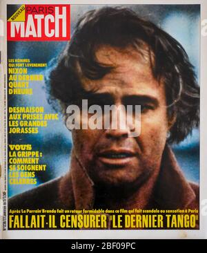 Titelseite des französischen Nachrichten- und Volksmagazins Paris-Match, Nr. 1238, amerikanischer Schauspieler Marlon Brando im Skandal des Films "der letzte Tango in Paris", 1973, Frankreich Stockfoto