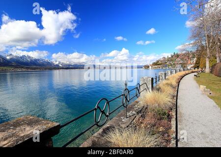 Oberhofen am Thunersee. Die Stadt liegt am Nordufer des Thunersees. Schweiz, Europa. Stockfoto