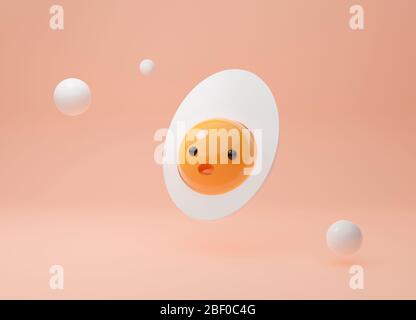 Ein halbes gekochtes Ei, ein Eigelb in Form eines Zeichentrickkopfes mit schwarzen Augen, fotorealistisches 3D-Rendering auf pastellfarbenem Hintergrund. Stockfoto