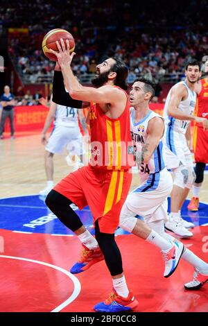 Ricky Rubio (Spanien) gegen Argentinien. FIBA Basketball Wm China 2019, Finale Stockfoto