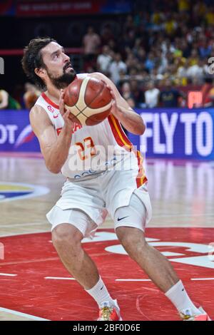 Sergio Llull (Spanien) gegen Australien. FIBA Basketball Wm China 2019, Halbfinale Stockfoto