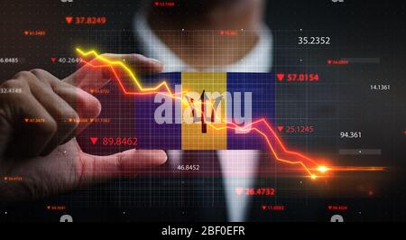 Grafik fällt vor der Barbados Flagge. Krisenkonzept Stockfoto