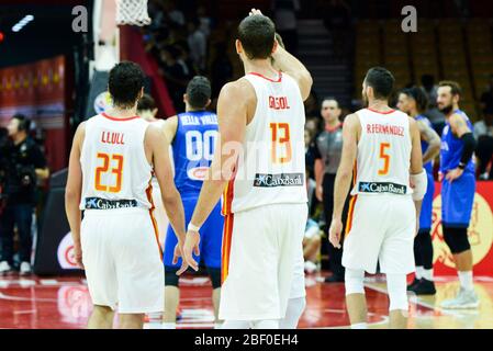 Marc Gasol, Sergio Llull, Rudy Fernández (Spanien) gegen Italien. Basketball-Weltmeisterschaft China 2019, Halbfinale Stockfoto