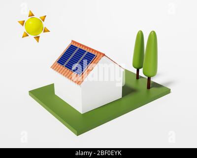 Haus mit Sonnenkollektoren. Logo-Konzept. 3D-Rendering. Stockfoto