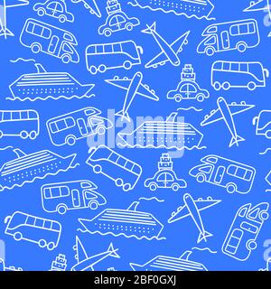 Doodle Transport nahtloses Muster auf blauem Hintergrund. Vektorgrafik. Stock Vektor