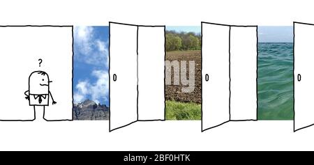 Hand gezeichnet Cartoon Mann fragen, was zu wählen: Luft, Erde oder Wasser Stockfoto