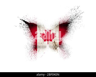 Vintage Kanada Flagge in Form eines Schmetterlings Silhouette mit Farbe Spritzer isoliert auf weißem Hintergrund. Kanadische Nationalflagge in Form eines Stockfoto