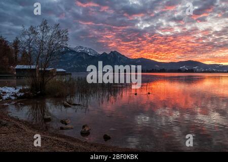 Der bayerische Kochelsee im Sonnenuntergang Stockfoto