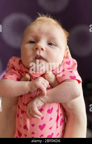 Ein kleines neugeborenes Mädchen in den Armen ihrer Mutter. Nach dem Füttern wird empfohlen, das Baby senkrecht zur „Säule“ zu halten. Stockfoto