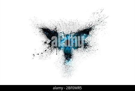 Schöne Silhouette eines Schmetterlings in dunkelblauen Farben mit einem kosmischen Nebel im Inneren und einem mystischen Auge in der Mitte des Schmetterlings mit Farbspeln Stockfoto